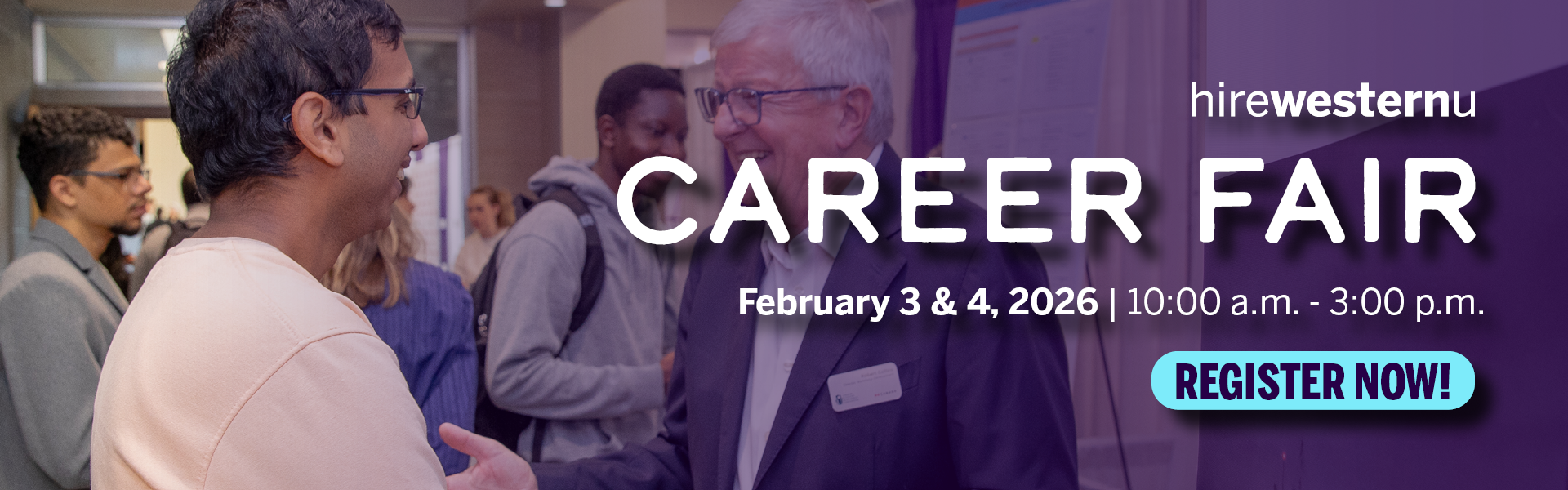 Students networking with employers at career fair. Text reads hirewesternu Career Fair, February 3 & 4, 2026. Register now!